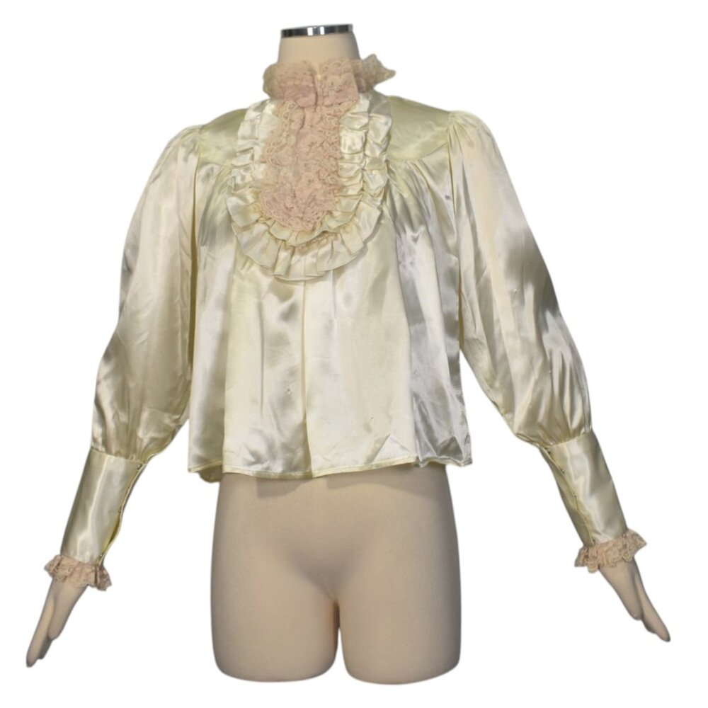 Vintage 70s Satin Blouse Top Ruffles Lace Illusions Show Costume XS